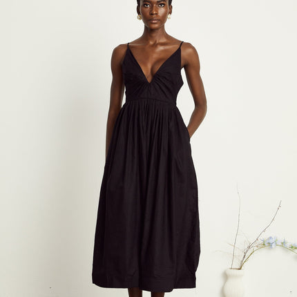 Holland Black Linen Smocked Pleated Midi Dress