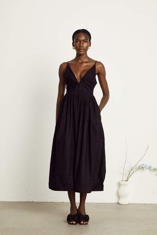 Holland Black Linen Smocked Pleated Midi Dress