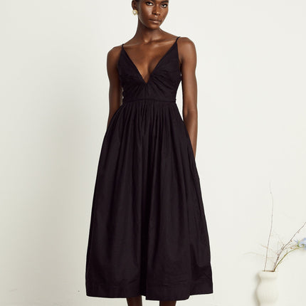 Holland Black Linen Smocked Pleated Midi Dress
