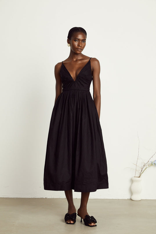 Holland Black Linen Smocked Pleated Midi Dress