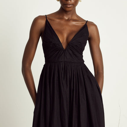 Holland Black Linen Smocked Pleated Midi Dress
