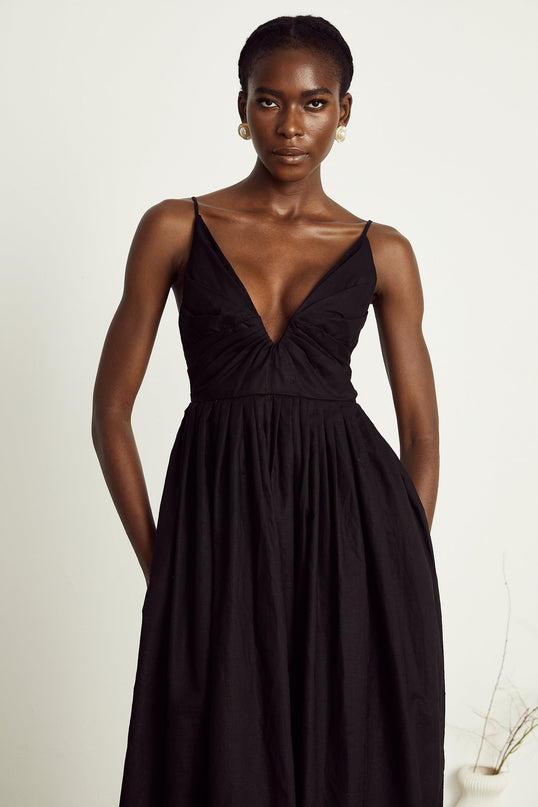 Holland Black Linen Smocked Pleated Midi Dress