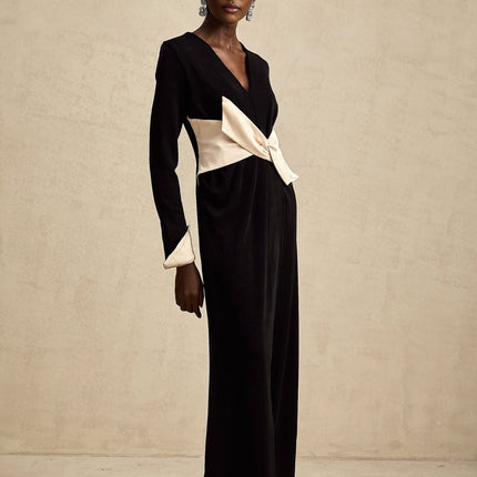 Holland Black Maxi Dress with V-Neck and Bow Embellishment