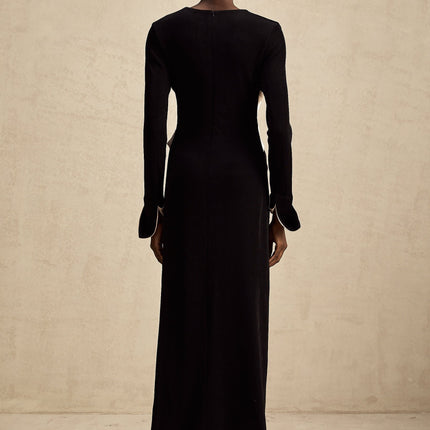 Holland Black Maxi Dress with V-neck and bow embellishment in Terylene fiber