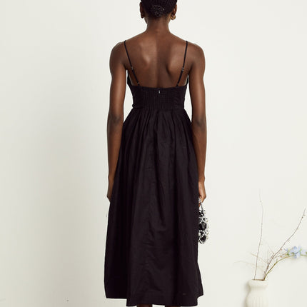 Holland Black Smocked Pleated Midi Dress