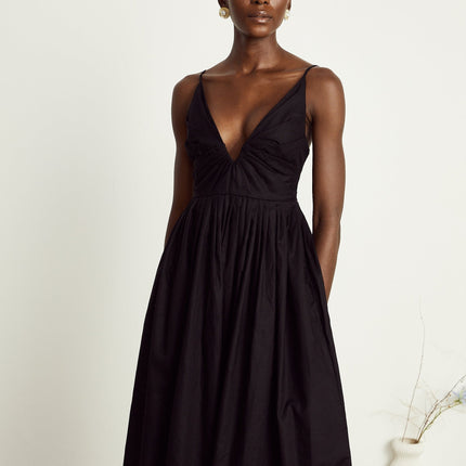 Holland Black Smocked Pleated Midi Dress