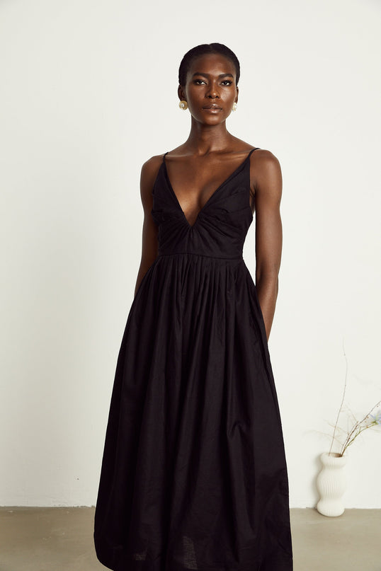 Holland Black Smocked Pleated Midi Dress