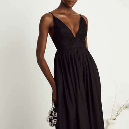 Holland Black Smocked Pleated Midi Dress