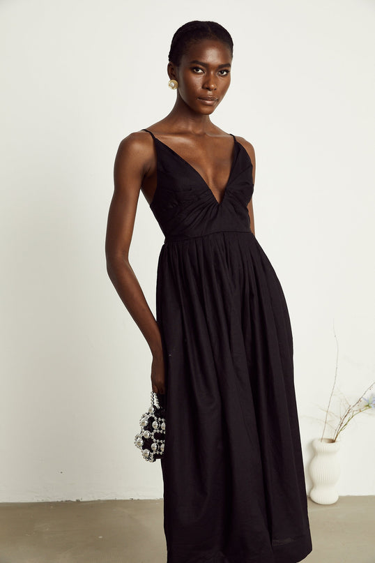 Holland Black Smocked Pleated Midi Dress