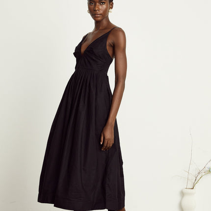 Holland Black Smocked Pleated Midi Dress