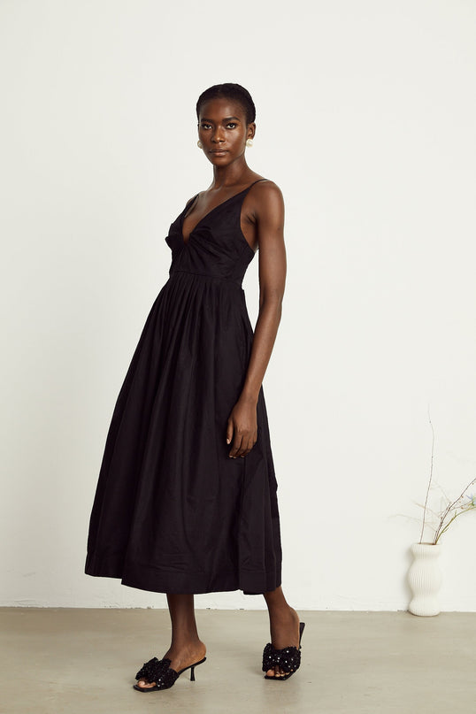 Holland Black Smocked Pleated Midi Dress