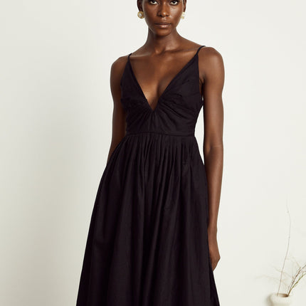 Holland Black Smocked Pleated Midi Dress