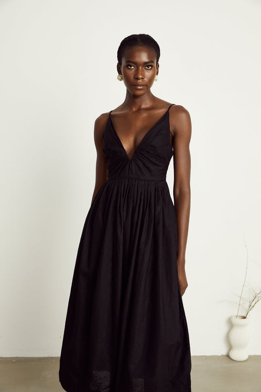 Holland Black Smocked Pleated Midi Dress