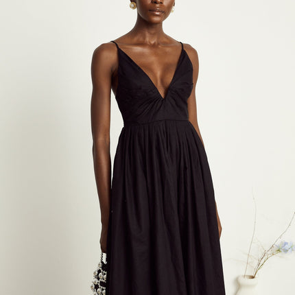 Holland Black Smocked Pleated Midi Dress