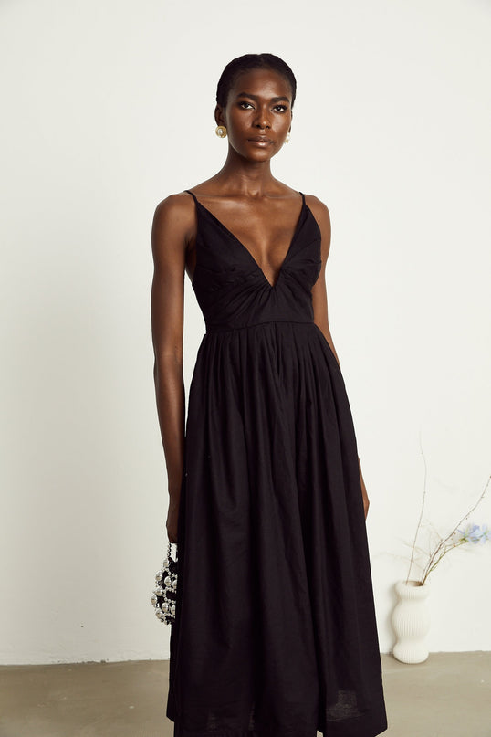 Holland Black Smocked Pleated Midi Dress