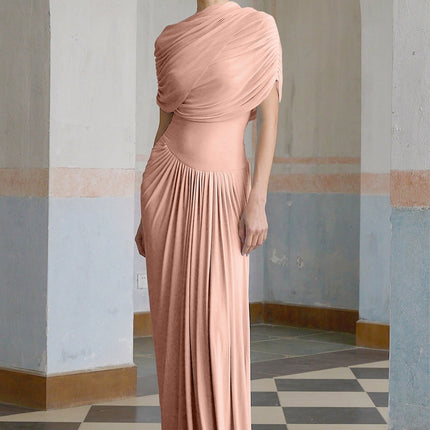 Holland Pink Asymmetric Pleated Maxi Dress