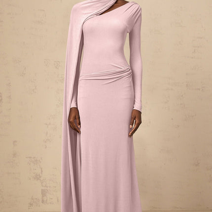 Holland Pink Maxi Dress with Diagonal Shawl Design and Silver-Tone Embellishments