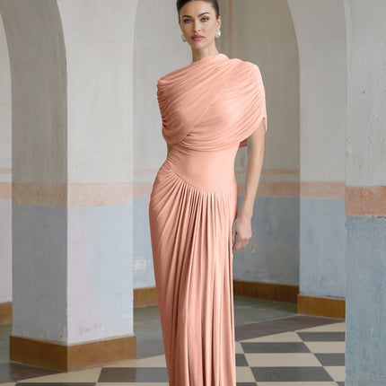 Holland Pink Maxi Dress with Asymmetric Pleated Design and Shawl Detail