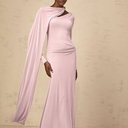 Holland Pink Maxi Dress with Diagonal Shawl Design and Silver-tone Embellishments