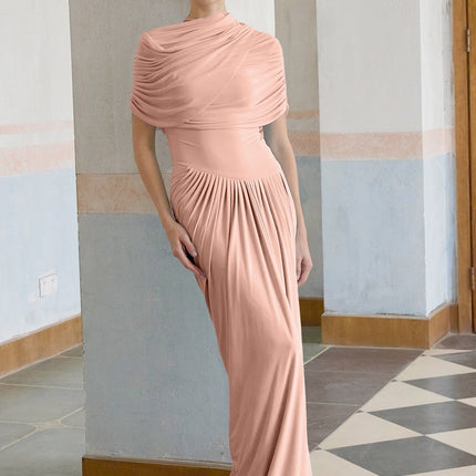 Holland Pink Maxi Dress with Asymmetric Pleated Design and Shawl Detail