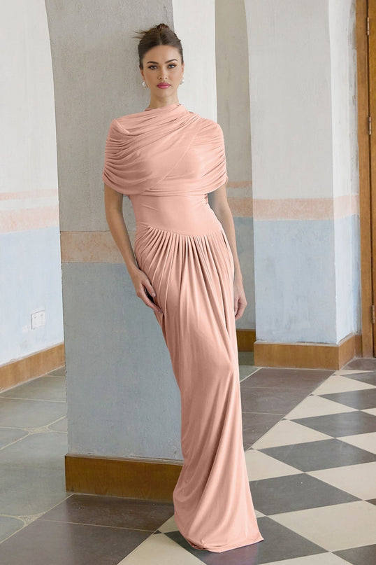 Holland Pink Maxi Dress with Asymmetric Pleated Design and Shawl Detail