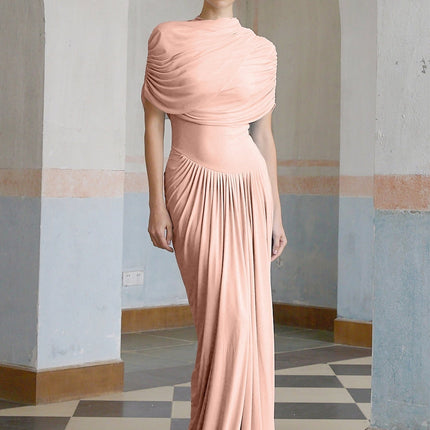 Holland Pink Maxi Dress Sleeveless Asymmetric Pleated Shawl Detail Floor-Length Crew Neck Draped Detailing Slip-On Style Polyamide Elastane
