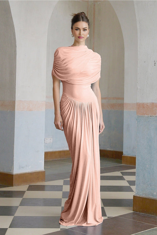 Holland Pink Maxi Dress Sleeveless Asymmetric Pleated Shawl Detail Floor-Length Crew Neck Draped Detailing Slip-On Style Polyamide Elastane
