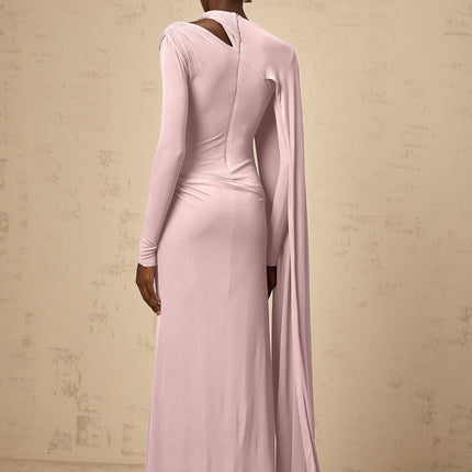 Holland Pink Maxi Dress with Diagonal Shawl Design and Silver-tone Embellishments