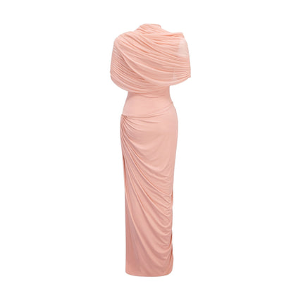 Holland Pink Maxi Dress Sleeveless Asymmetric Pleated Shawl Detail Floor-Length Crew Neck Draped Slip-On Style Polyamide Elastane