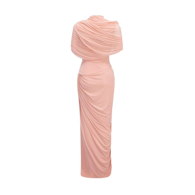 Holland Pink Maxi Dress Sleeveless Asymmetric Pleated Shawl Detail Floor-Length Crew Neck Draped Slip-On Style Polyamide Elastane