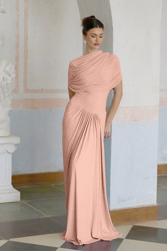 Holland Pink Maxi Dress with Asymmetric Pleated Design and Shawl Detail