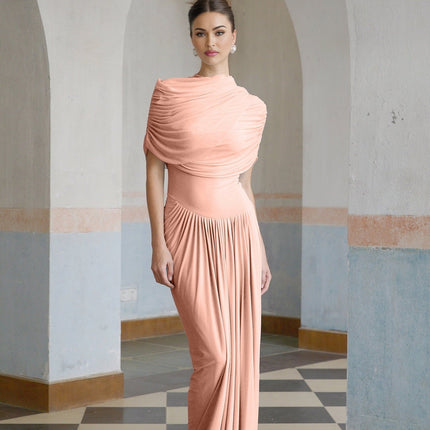 Holland Pink Maxi Dress with Asymmetric Pleated Design and Shawl Detail