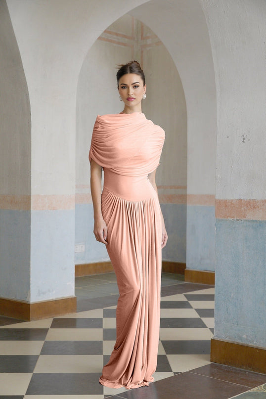 Holland Pink Maxi Dress with Asymmetric Pleated Design and Shawl Detail
