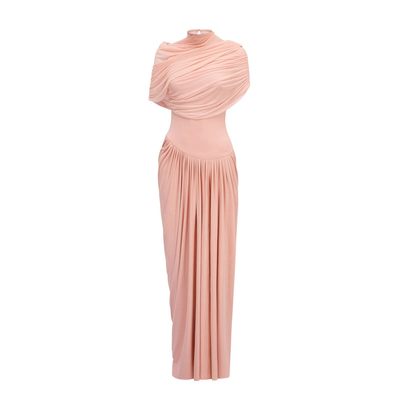 Holland Pink Maxi Dress Sleeveless Asymmetric Pleated Shawl Detail Floor-Length Crew Neck Draped Detailing Slip-On Style Polyamide Elastane