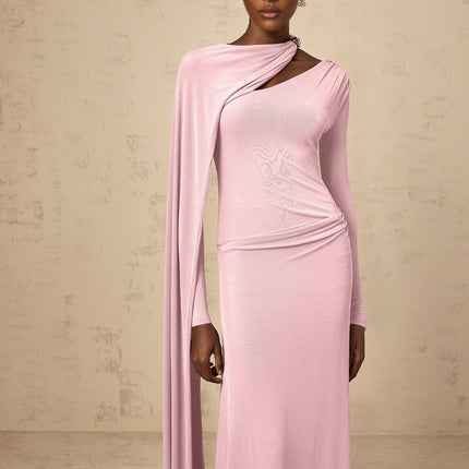 Holland Pink Maxi Dress with Diagonal Shawl Design and Silver-Tone Embellishments