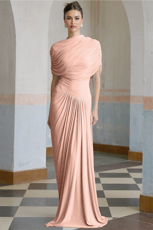 Holland Pink Maxi Dress with Asymmetric Pleated Design and Shawl Detail
