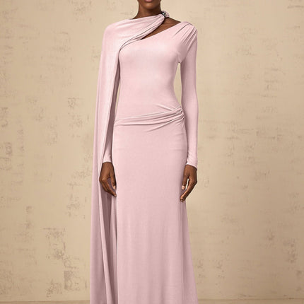 Holland Pink Maxi Dress with Diagonal Shawl Design and Silver-Tone Embellishments