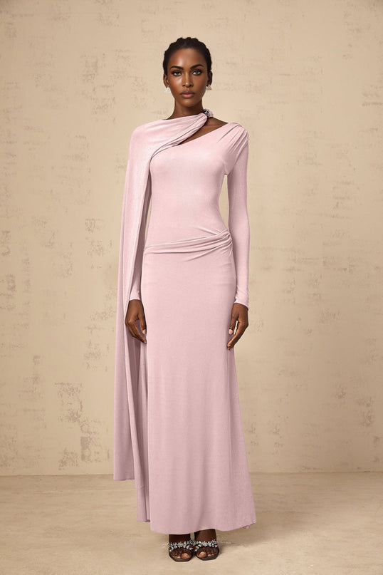 Holland Pink Maxi Dress with Diagonal Shawl Design and Silver-Tone Embellishments