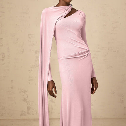 Holland Pink Maxi Dress with Diagonal Shawl Design and Silver Embellishments
