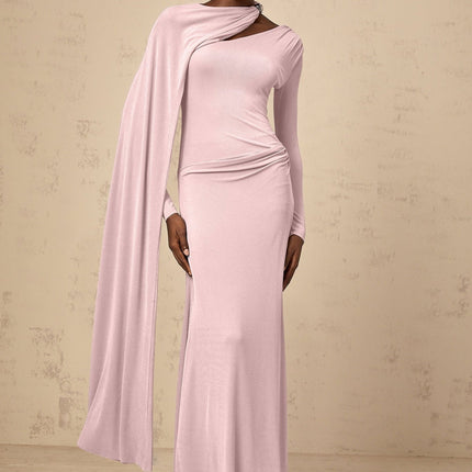 Holland Pink Maxi Dress with Diagonal Shawl Design and Silver-tone Embellishments