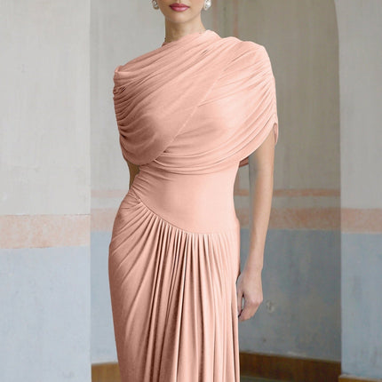 Holland Pink Maxi Dress Asymmetric Pleated Design Shawl Detail Crew Neck Draped Detailing Slip-On Style Floor-Length Silhouette Polyamide Elastane Blend Elegant Sophisticated Graceful Timeless Charm Luxurious Beauty