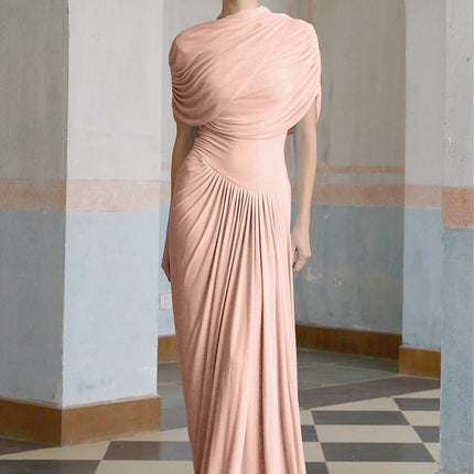 Holland Pink Maxi Dress Sleeveless Asymmetric Pleated Shawl Detail Floor-Length Crew Neck Draped Slip-On Luxurious Polyamide Elastane Beauty