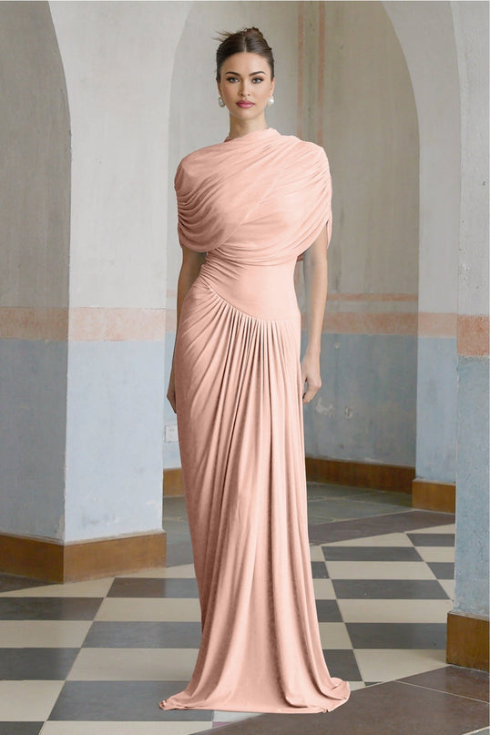 Holland Pink Maxi Dress Sleeveless Asymmetric Pleated Shawl Detail Floor-Length Crew Neck Draped Slip-On Luxurious Polyamide Elastane Beauty