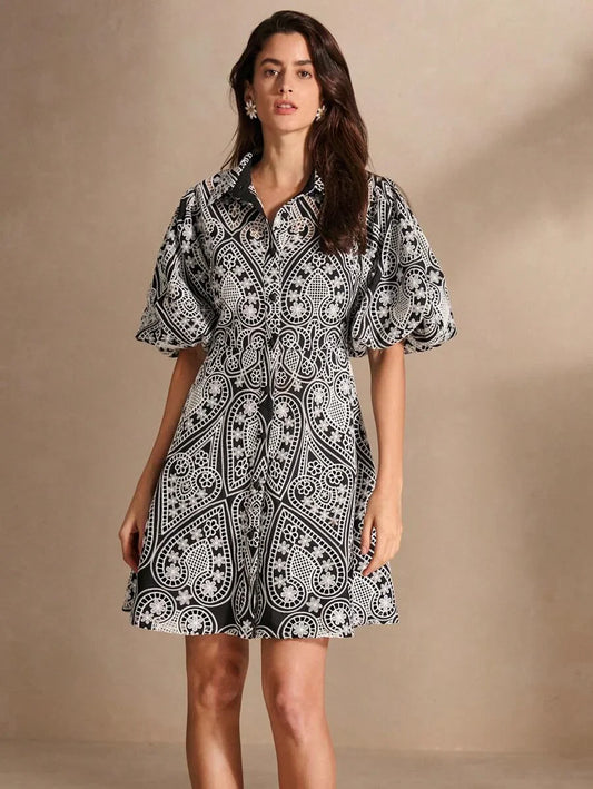 Hollow Out Embroidered Puff Sleeve Shirt Collar Elegant Dress