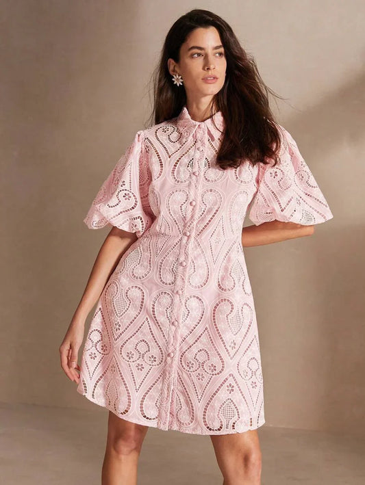 Hollow Out Embroidered Puff Sleeve Shirt Collar Elegant Dress