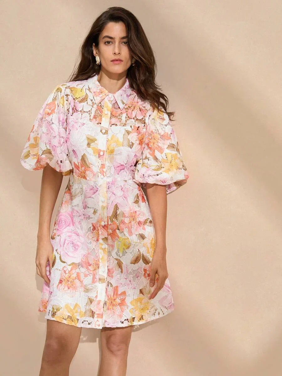 HollowOut Embroidery Puff Sleeve Shirt Collar Elegant Dress