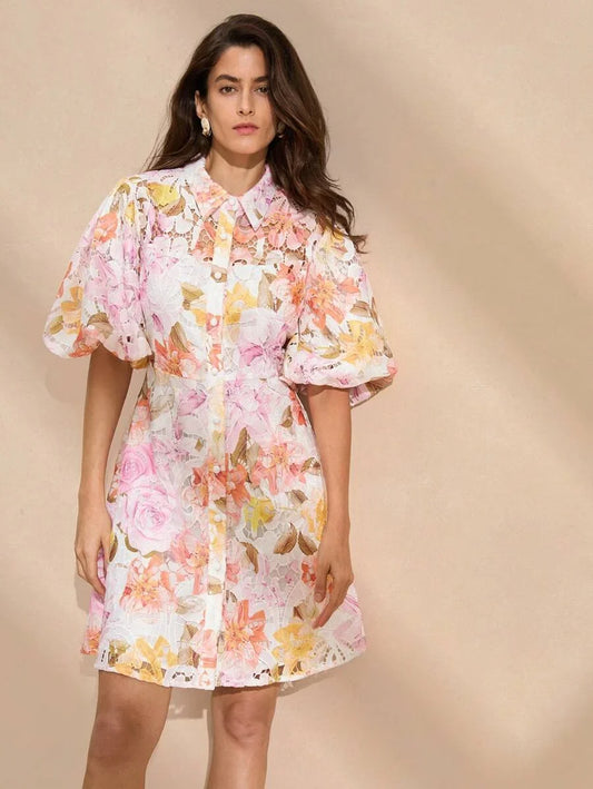 HollowOut Embroidery Puff Sleeve Shirt Collar Elegant Dress