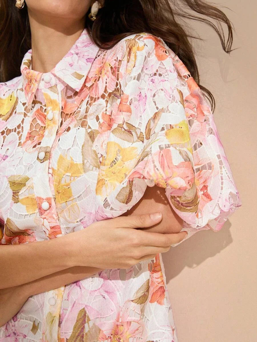 HollowOut Embroidery Puff Sleeve Shirt Collar Elegant Dress