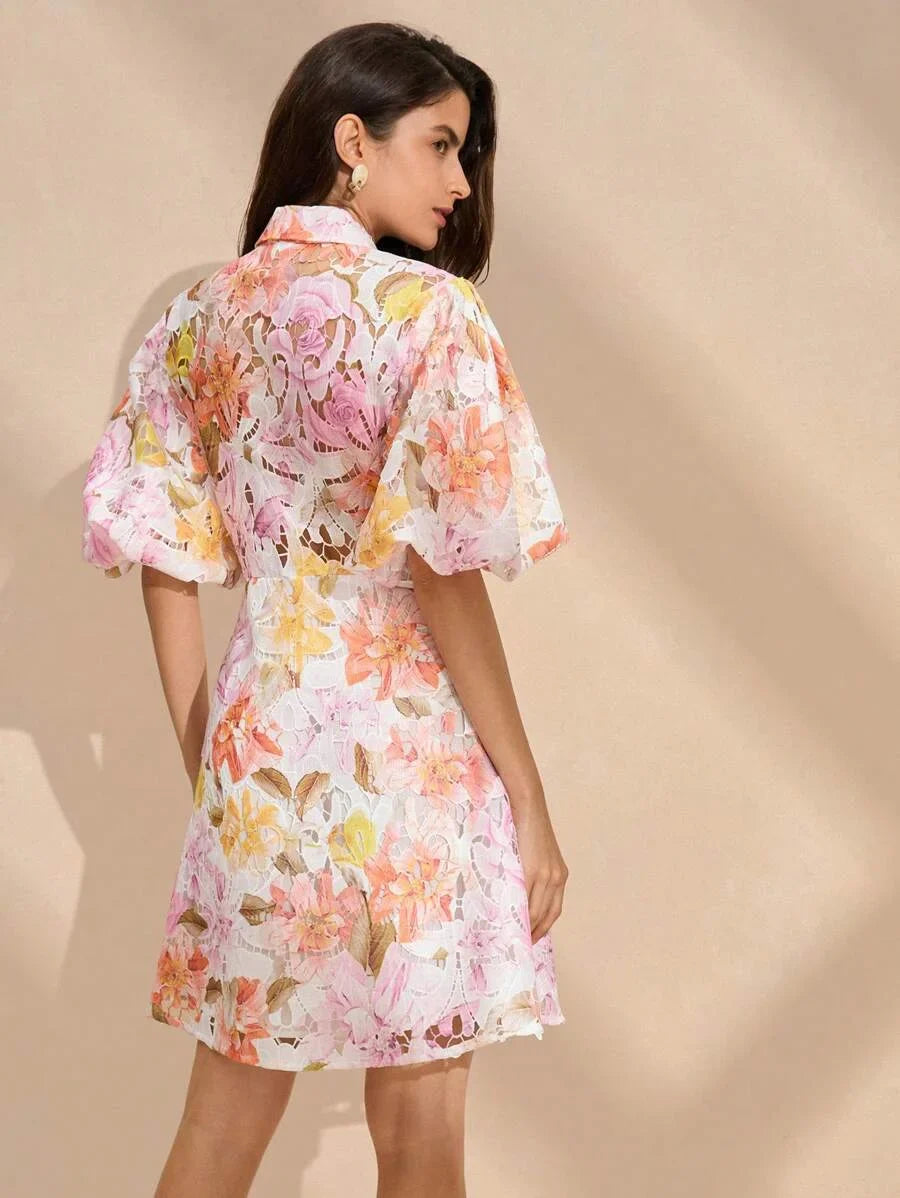 HollowOut Embroidery Puff Sleeve Shirt Collar Elegant Dress