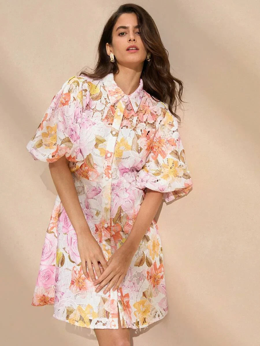 HollowOut Embroidery Puff Sleeve Shirt Collar Elegant Dress